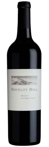 A bottle of Novelty Hill Merlot Columbia Valley 2021 wine with a label that includes the winery's name and the type of wine.