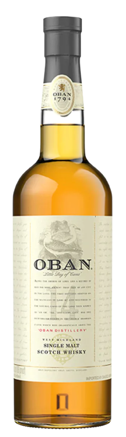 Oban Single Malt Scotch 14 Year 86 proof bottle with detailed label design.