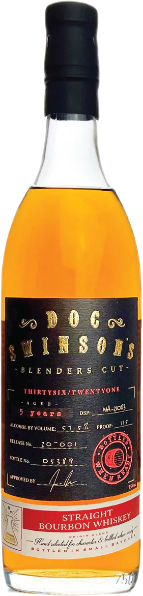 Doc Swinsons 5 Year Old Blenders Cut Straight Bourbon Whiskey 750ml bottle with rich amber color and black label