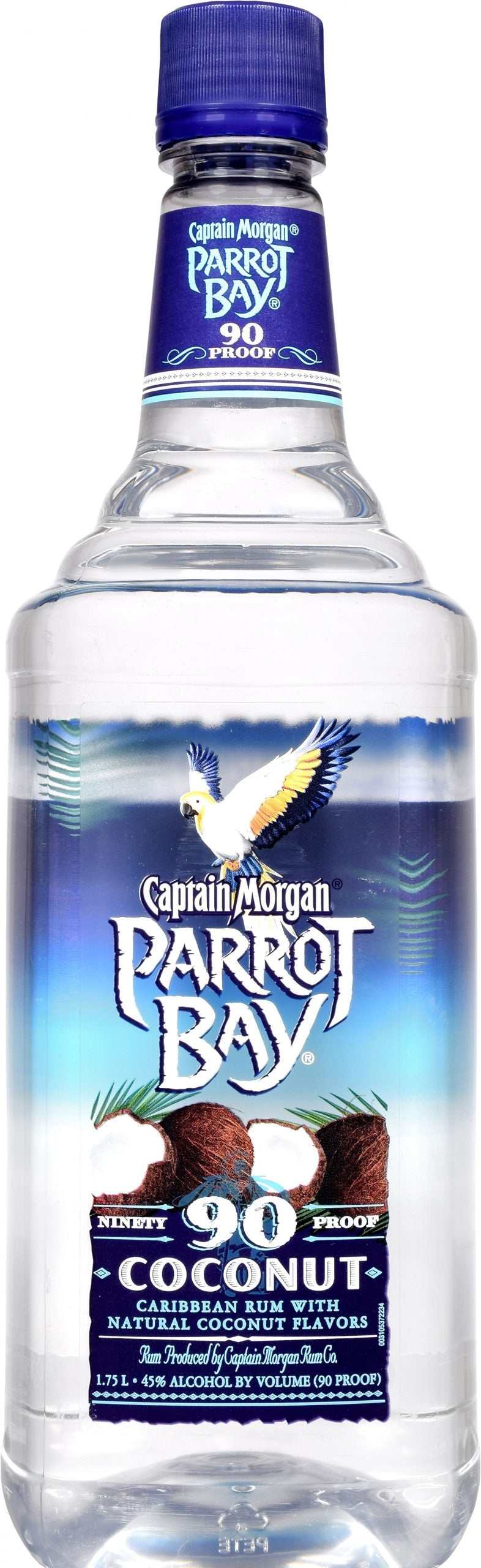 Parrot Bay Coconut Rum 1L bottle with blue label and tropical design.