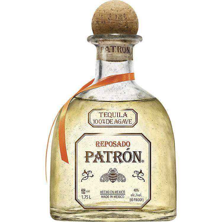 Patron Reposado Tequila 1.75 L bottle with label, crafted from 100% Weber Blue Agave, featuring oak and vanilla notes.