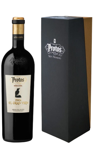 Protos Selección Grajo Viejo 750 ML with dark red wine and elegant black label.
