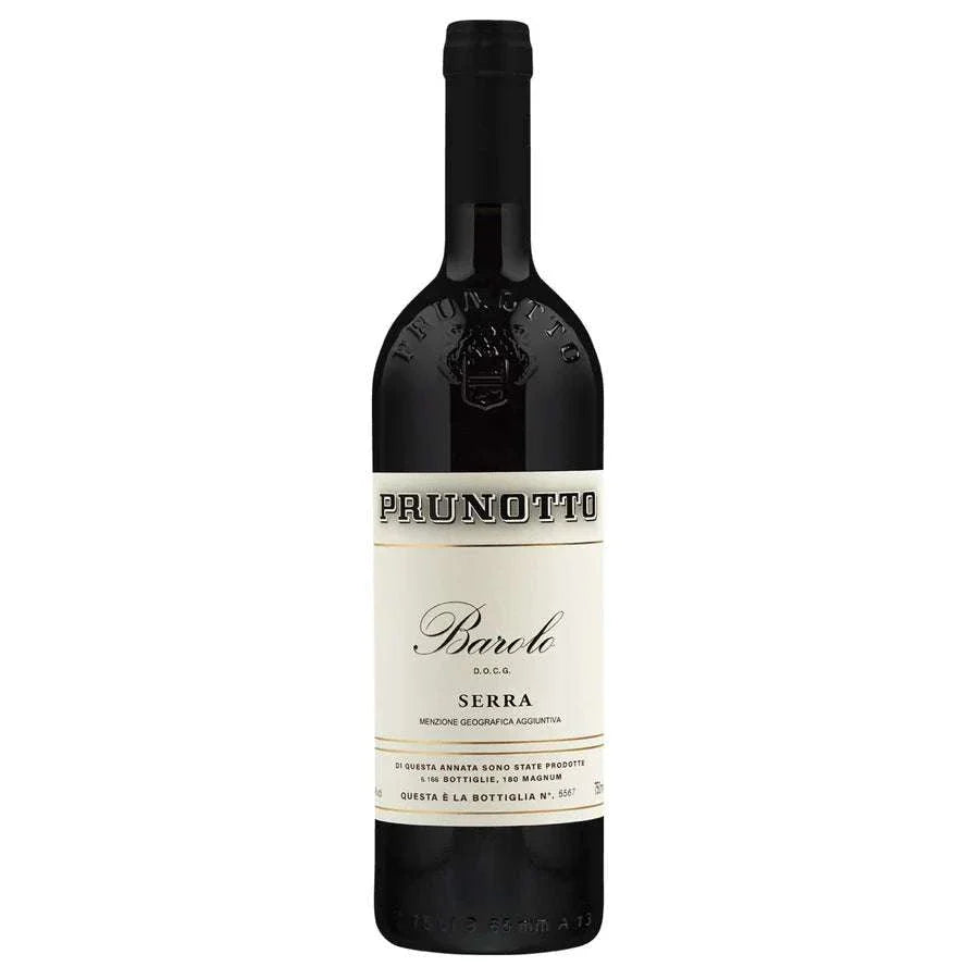 Bottle of Prunotto Barolo Serra 2020 Italian red wine with elegant red cherry and rose aromas