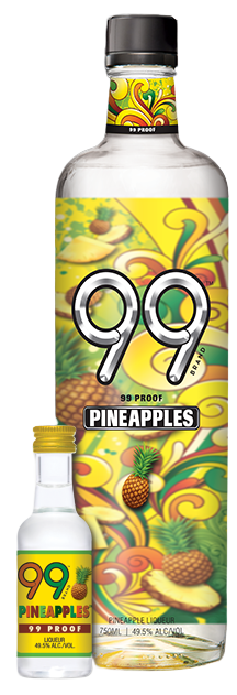 99 Brand Pineapples Liqueur 750 ML bottle with vibrant pineapple-themed label.