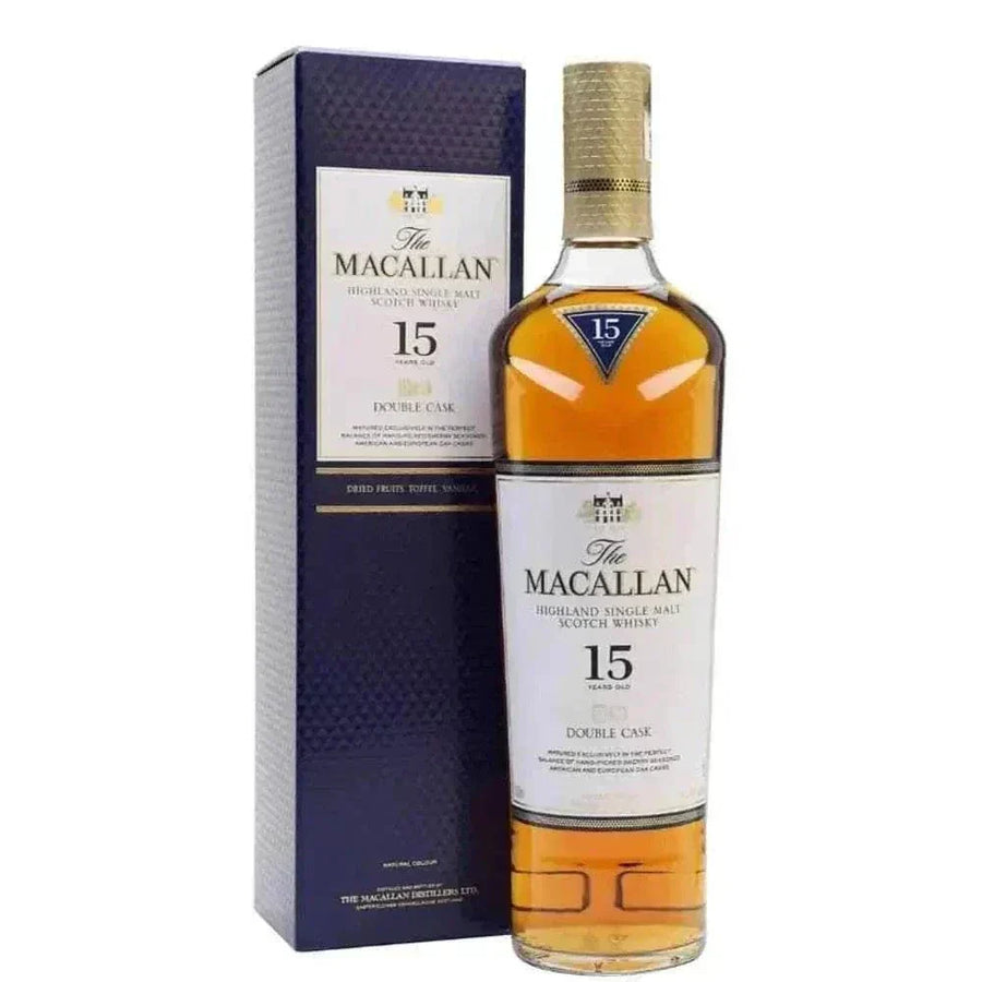 Macallan 15 Year Double Cask Single Malt Scotch 750ml bottle with box, premium Highland whisky with honey and vanilla notes