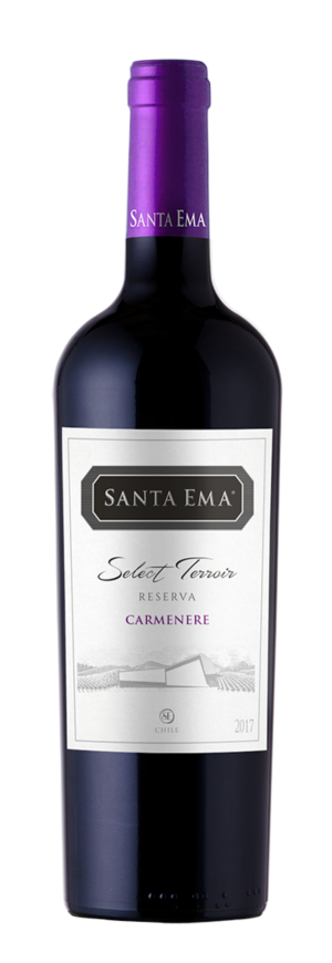 Santa Ema Select Terroir Carmenere 750 ML wine bottle with black fruit and spice notes.