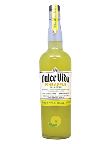 Bottle of Dulce Vida Pineapple Jalapeño Tequila 750 ML with pineapple and jalapeño slices