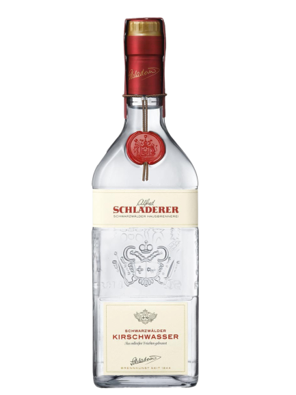 Bottle of Schladerer Kirschwasser 750 ML with clear, vibrant cherry brandy pour