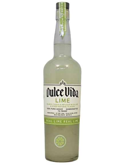 Bottle of Dulce Vida Lime Tequila 750 ML with fresh limes and a cocktail glass