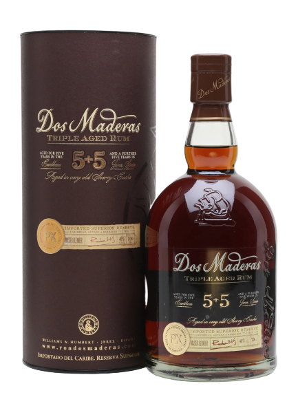 Dos Maderas PX 5+5 Triple Aged Rum 750ml bottle with elegant label