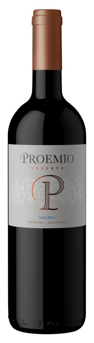 Proemio Reserve Malbec 2019 wine bottle with label featuring elegant design.