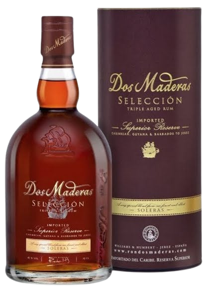 Dos Maderas Seleccion Triple Aged Superior Reserve Rum 750ml bottle with matching cylindrical packaging.
