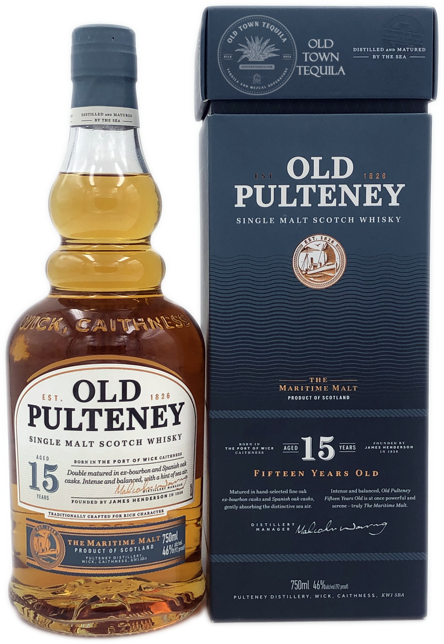 Old Pulteney 15 Year Old Single Malt Scotch Whisky bottle and box set, 750ml, 92 proof.
