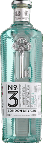 No 3 London Dry Gin 750 ML bottle with turquoise hue and embossed key design.