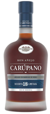 Ron Anejo Carupano Reserva 18 Limitada Rum bottle with amber color and golden sparkles.
