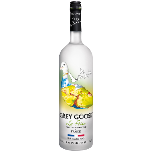 Grey Goose Pear Flavored Vodka La Poire 1L bottle with pear illustration.