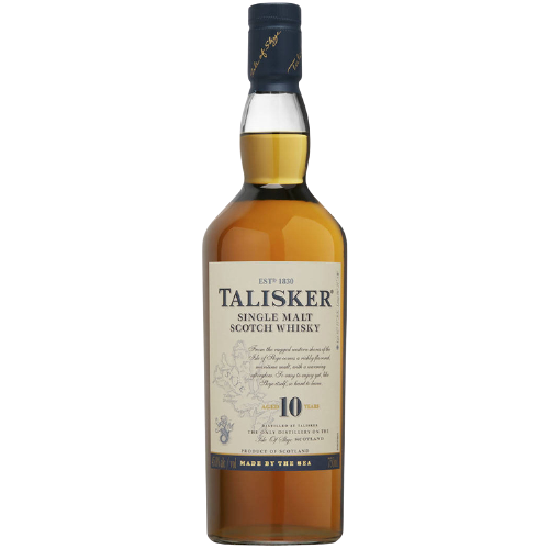 Talisker Single Malt Scotch 10 Year 750 ML bottle on white background.