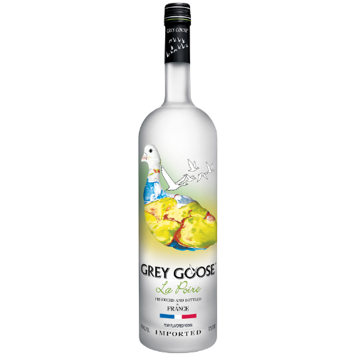 Grey Goose Pear Flavored Vodka La Poire 1.75L bottle with pear illustration.