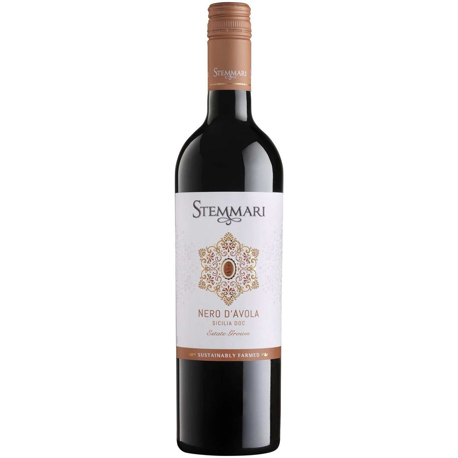 Bottle of Stemmari Nero D'Avola red wine from Sicily with bold fruit and spice flavors