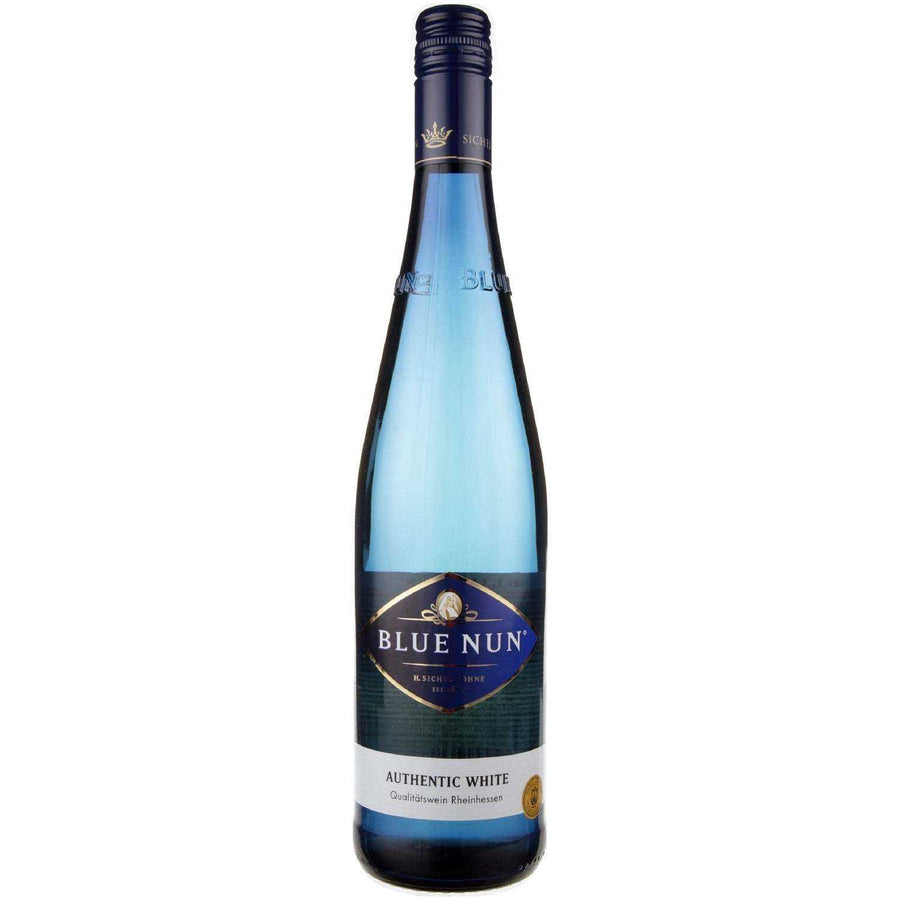 Blue Nun Müller-Thurgau Authentic White Rheinhessen wine bottle, 750ml, showcasing blue label and branding.