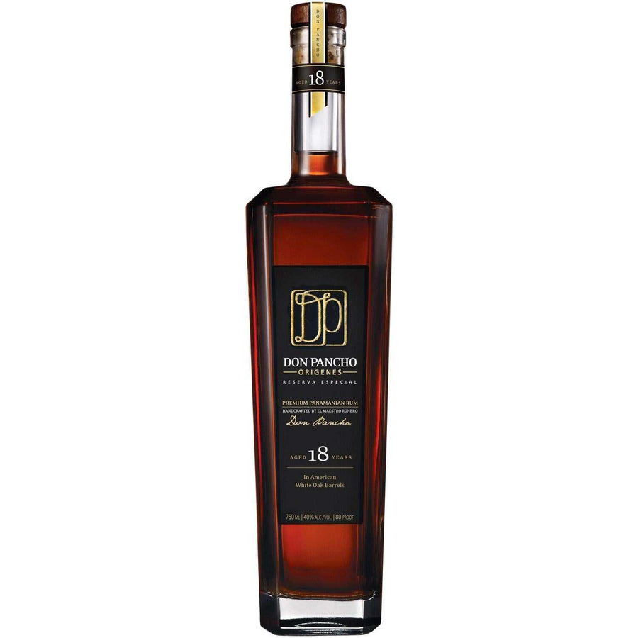 Don Pancho Aged Rum Reserva Especial Origenes 18 Yr 750 ML bottle with rich amber color.