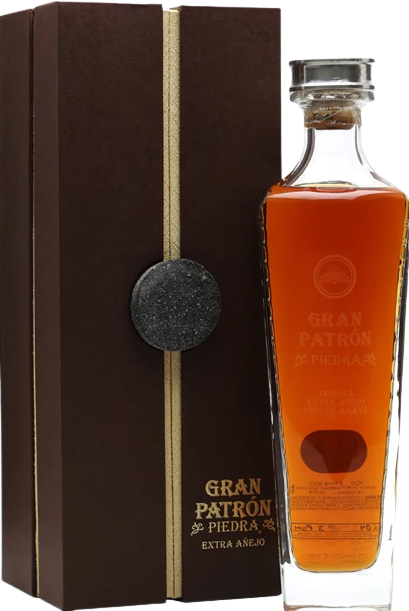 Gran Patron Tequila Extra Anejo Piedra 80 750 ML bottle next to elegant box packaging.