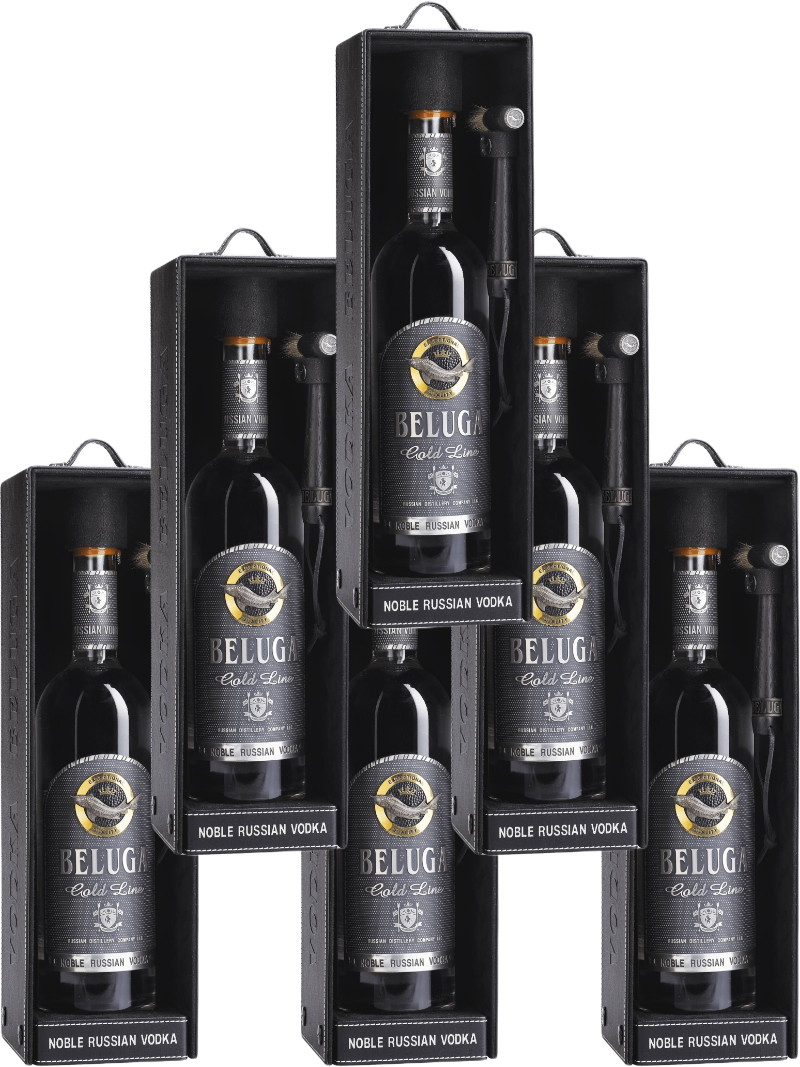 Six bottles of Beluga Vodka Noble Gold Line 80 750 ML in black boxes showcasing luxury Russian vodka packaging