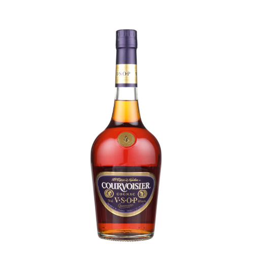 Courvoisier Cognac VSOP 750ml bottle with rich amber color and elegant packaging.