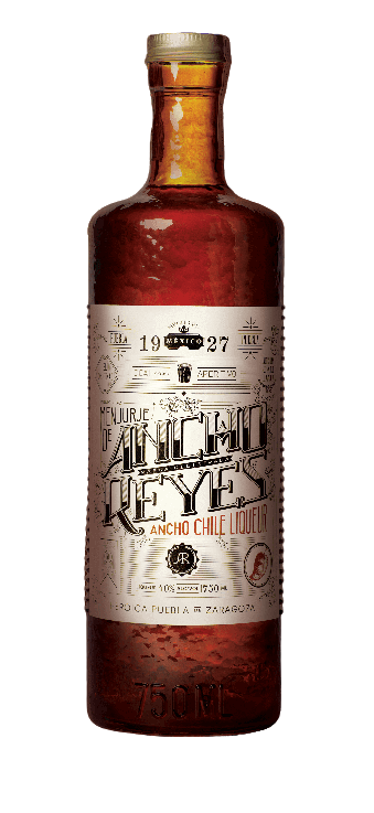 Ancho Reyes Licor De Chile Ancho 750 ML bottle featuring a rich, fiery red hue with a detailed label.