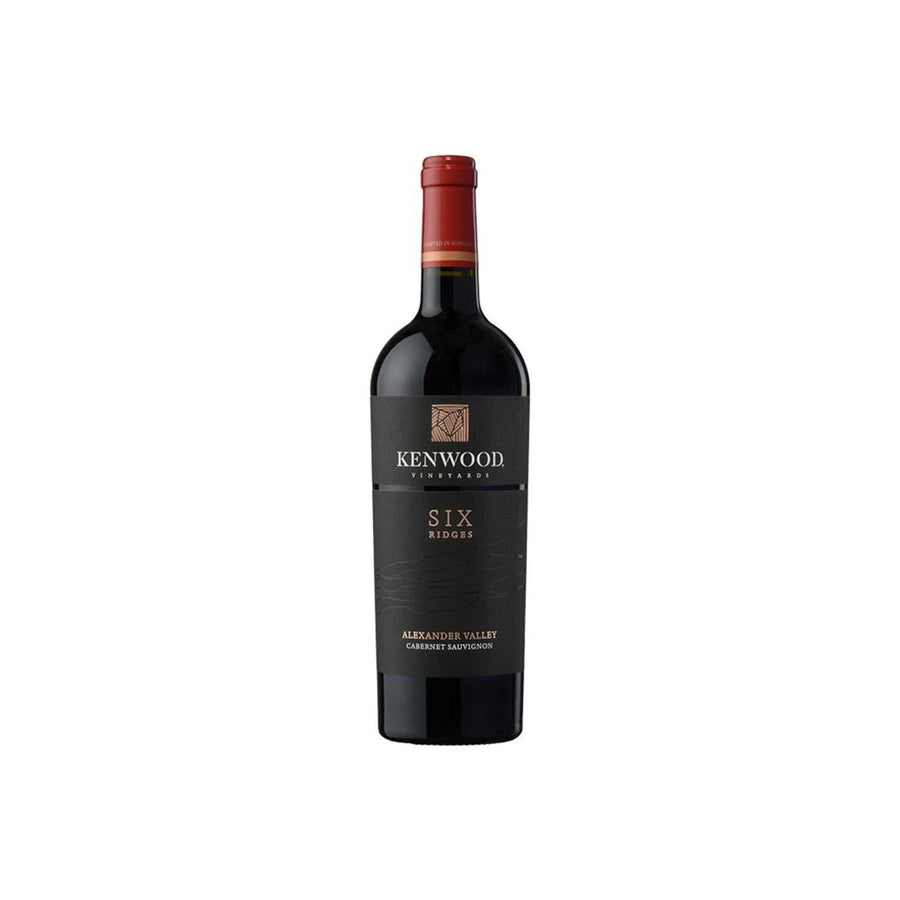 Kenwood Cabernet Sauvignon Six Ridges Alexander Valley 750 ML premium red wine bottle with grapes and oak barrel background