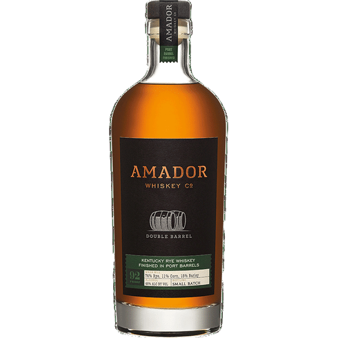 Amador Whiskey Co. Rye Whiskey Double Barrel with deep copper color in 750 ML bottle.