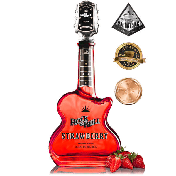 Rock N Roll Strawberry Flavor Tequila 750 ML guitar-shaped bottle with awards.