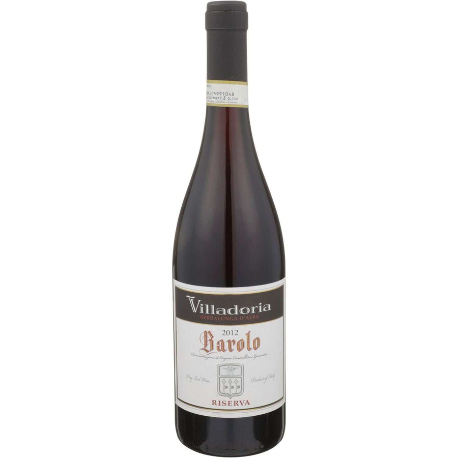 Villadoria Barolo Riserva 2012 wine bottle with elegant label and rich red wine background
