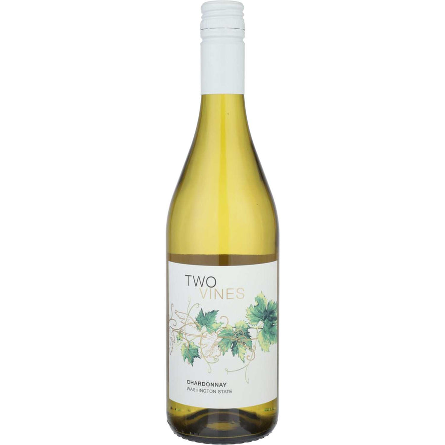Bottle of Two Vines Chardonnay wine from Washington, 750 ML, showcasing bright fruit flavors and crisp acidity