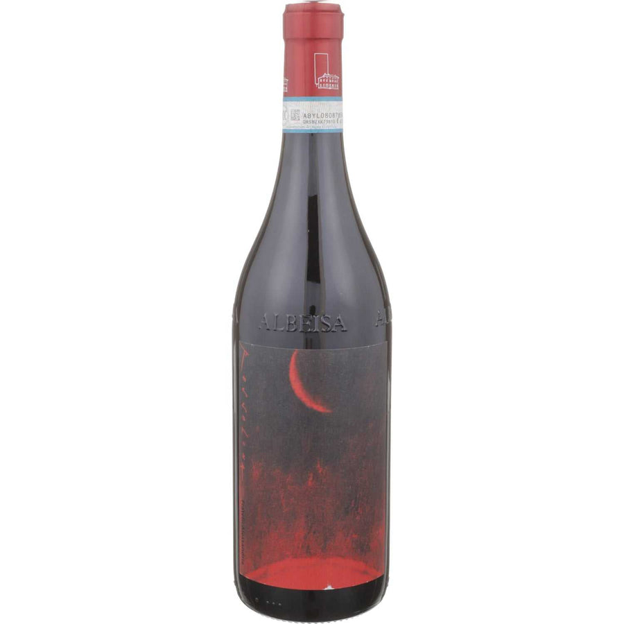 Fratelli Alessandria Rossoluna Langhe Rosso 2018 red wine bottle with glass and wine corkscrew on wooden surface
