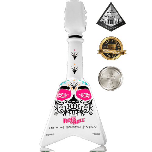 Rock N Roll Cristalino Reposado Day of the Dead Edition Tequila 750 ML bottle with colorful label and award medals.