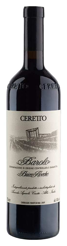 Ceretto Barolo Bricco Rocche 2021 wine bottle showcasing Nebbiolo grapes and elegant design