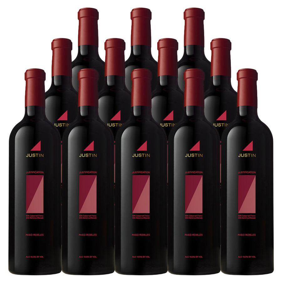 12 bottles of Justin Red Wine Justification Paso Robles 2021 750 ML with red and black labels