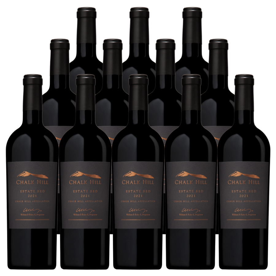 Twelve bottles of Chalk Hill Red Estate 2022 premium red blend wine with elegant dark labels