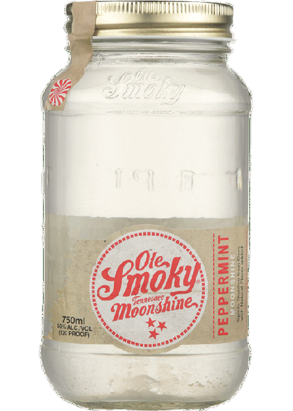 Ole Smoky Peppermint Moonshine 750 ML bottle with label displaying peppermint flavor and distillery branding.