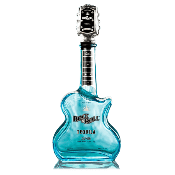Rock N Roll Double Distilled 100% Blue Weber Agave Silver Tequila in guitar-shaped bottle.