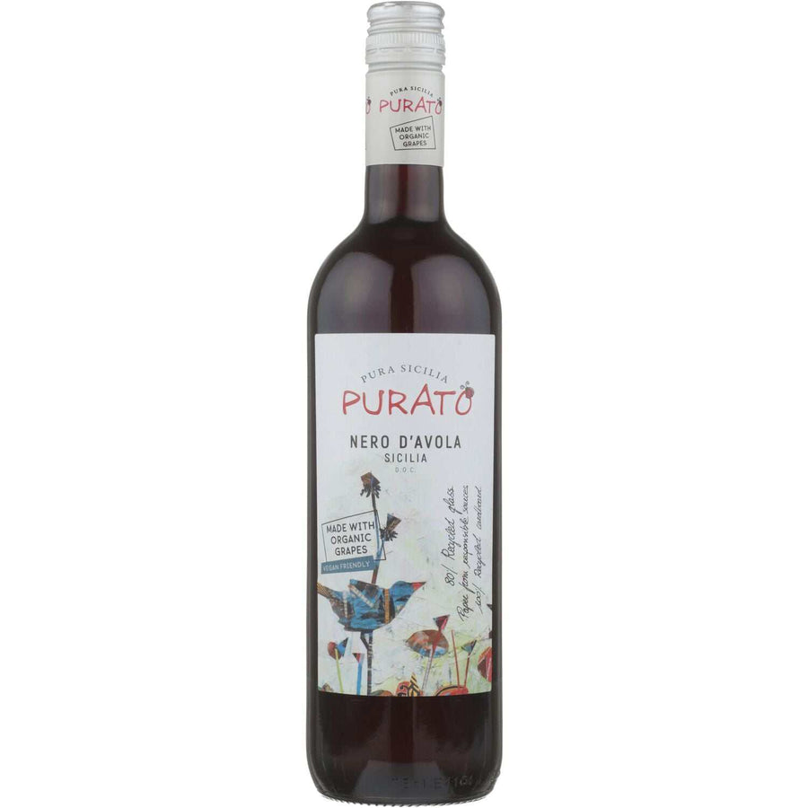 Bottle of Purato Nero D'Avola Sicilia 2020 organic red wine with blackberries and plum notes