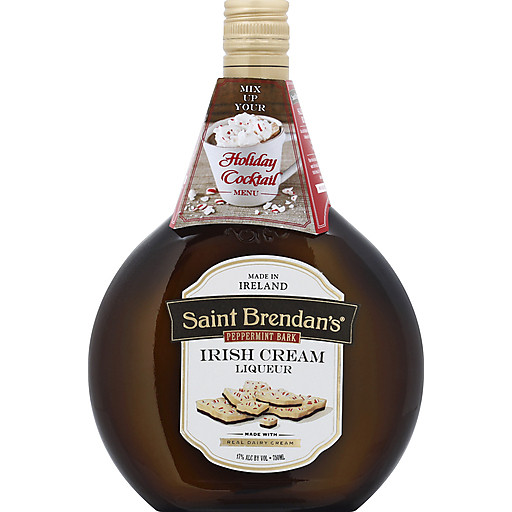 Saint Brendans Peppermint Bark Irish Cream Liqueur bottle, 1 L, with festive packaging.