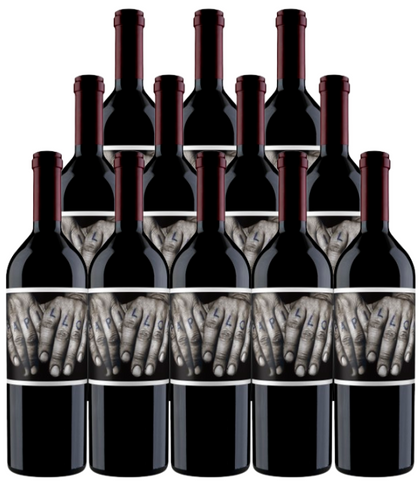 Twelve bottles of Orin Swift Papillon Napa Valley 2022 red wine with distinctive hand label design.