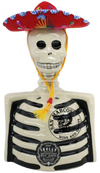 Skelly Tequila Anejo bottle shaped like a skeleton wearing a red mariachi hat