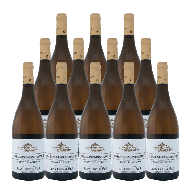 Twelve bottles of Domaine Jean Fery & Fils Chassagne-Montrachet 1er Cru 2022 arranged on a white background.