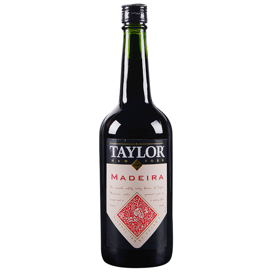 Bottle of Taylor New York Madeira 750 ML on a wooden table with dessert