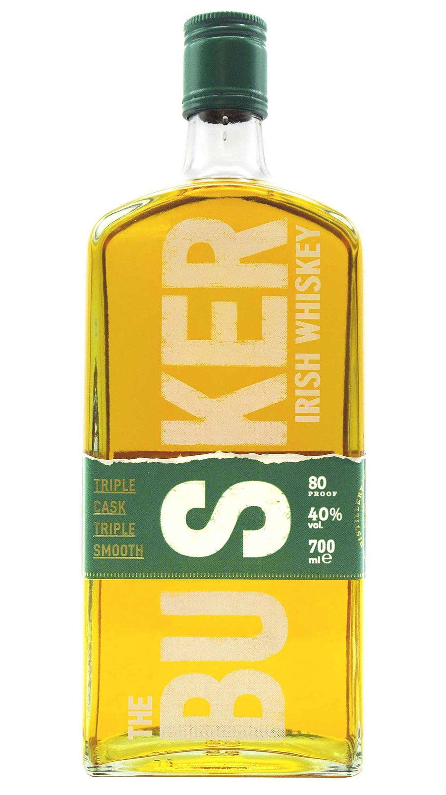 The Busker Triple Cask Irish Whiskey 750 ML bottle with green label and golden amber liquid inside