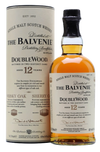 The Balvenie 12 Years Old Doublewood Single Malt Scotch Whisky bottle with packaging showing 12-year aging in oak and sherry casks
