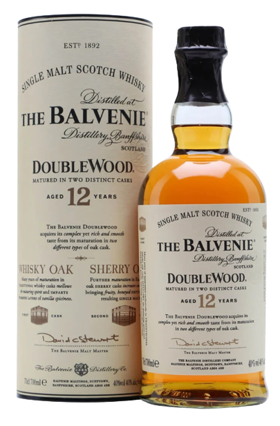 The Balvenie 12 Years Old Doublewood Single Malt Scotch Whisky bottle and packaging, aged 12 years, Speyside whisky with oak and sherry cask maturation.